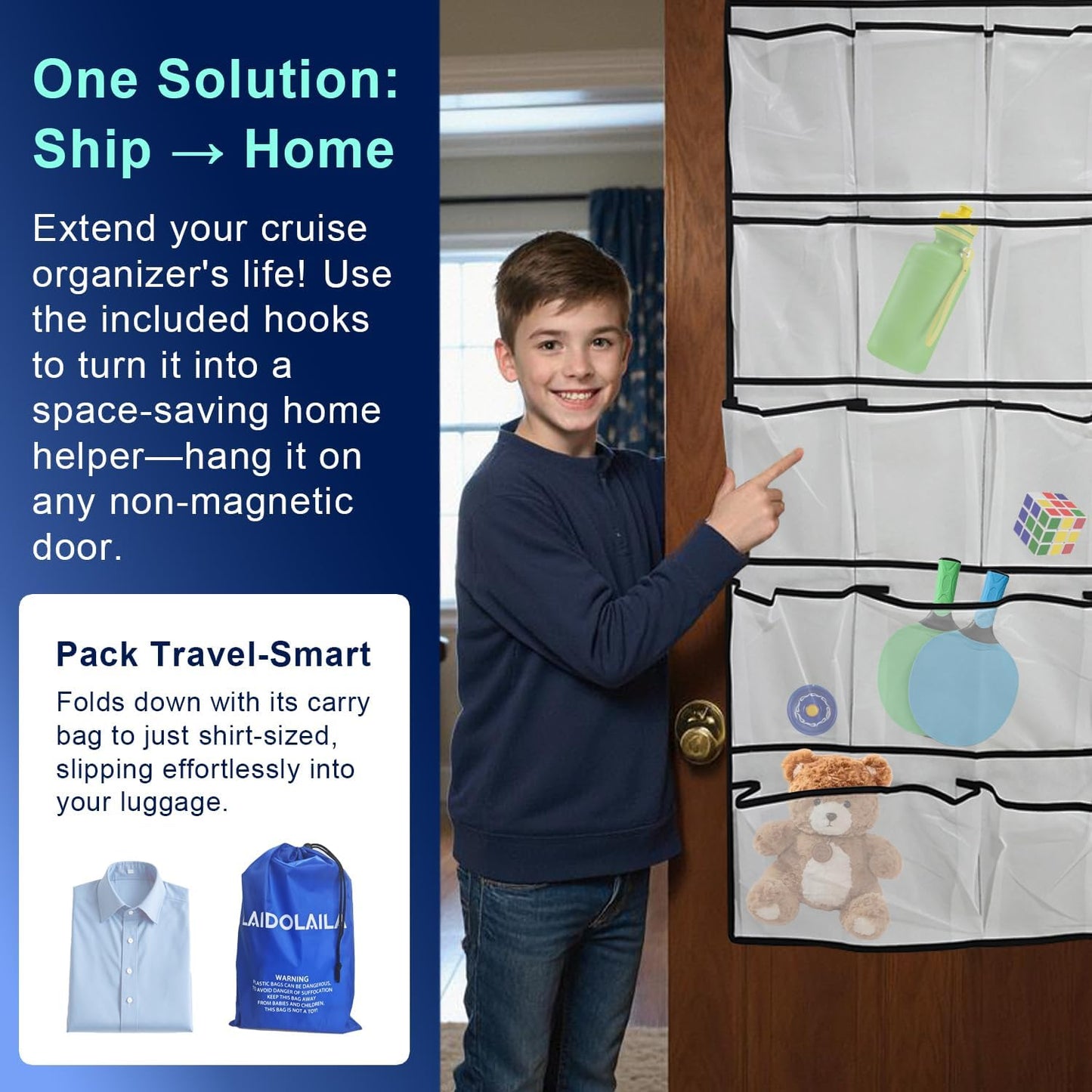 Magnetic Cruise Door Organizer – 13-Pocket Hanging Storage with 2 Large Shoe Pockets, No Hook Needed, Includes 3 Bonus Hooks, 2025 2026 Cruise Ship Essentials for Cabin, Bathroom, or Closet Use
