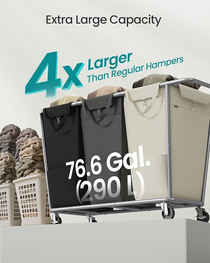 SONGMICS Laundry Basket with Wheels, 76.6 Gallons, 3-Section Rolling Laundry