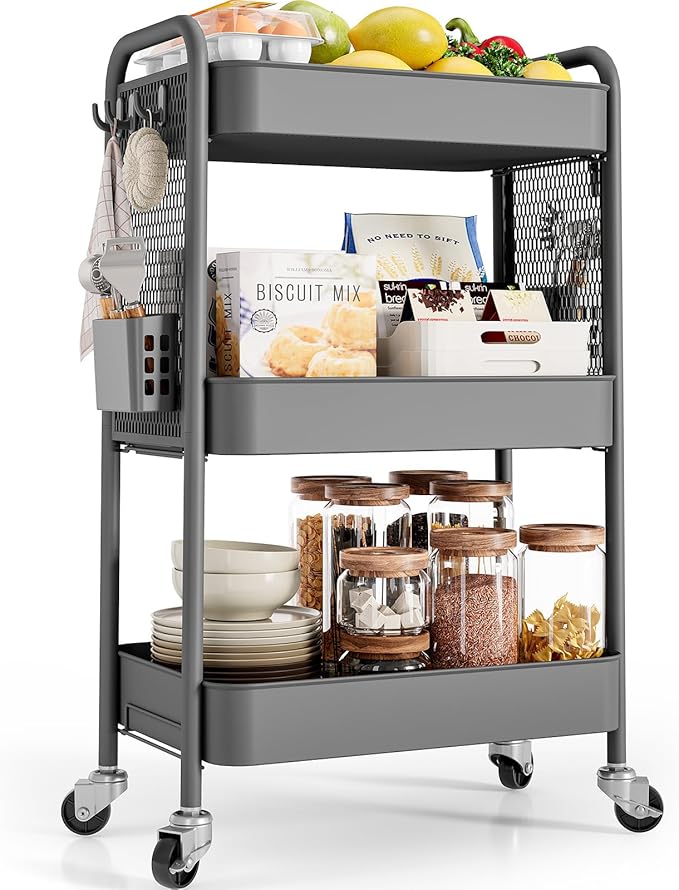 TOOLF 3 Tier Rolling Cart Storage Organizer, Metal Rolling Utility Cart by TOOLF