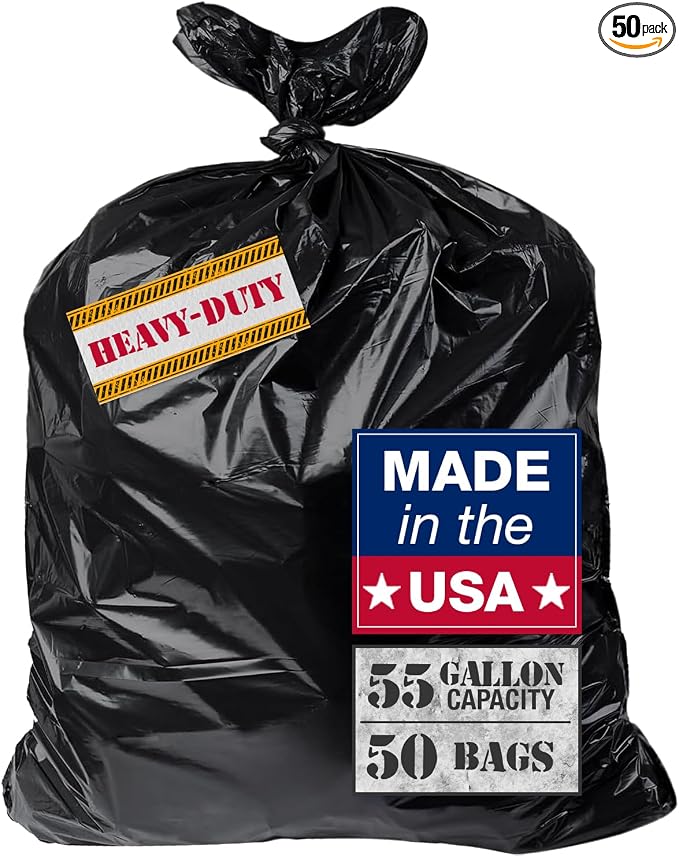 Extra Heavy Duty Black Contractor Garbage Bags 55 Gallon, 50 Trash Bags by Unknown