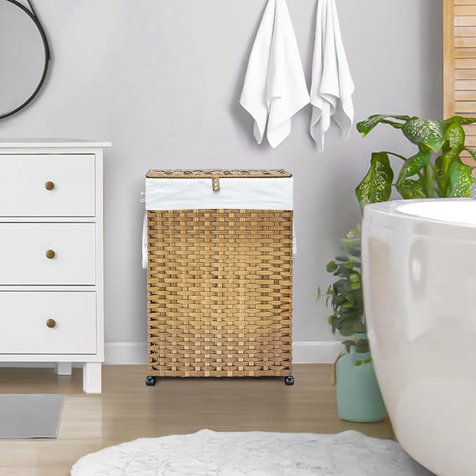 70L Slim Laundry Hamper with Lid & Wheels, 2-Park Rolling Laundry Basket with 4 - Image 3