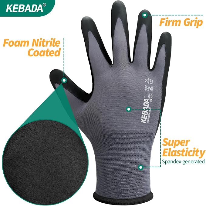 Kebada Work Gloves for Men and Women, Foam Nitrile Coated Safety Gloves - Image 7