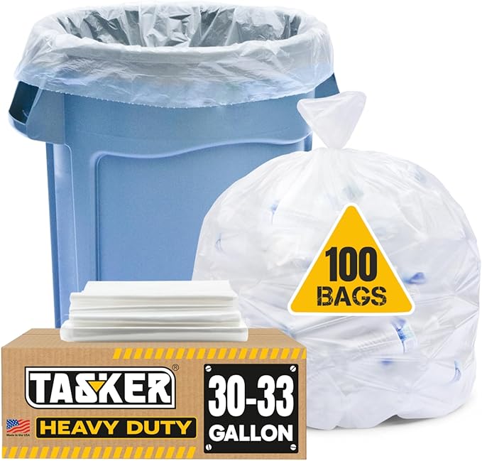 Tasker 30-33 Gallon Trash Bags Heavy Duty Clear Large Plastic Recycling Garbage by Tasker
