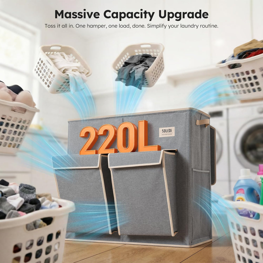 SOLEDI 220L Laundry Hamper 3 Section with Lid and 2 Side Pockets