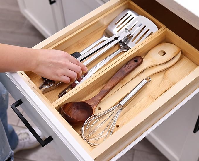 Fabsome Kitchen Utensil Drawer Organizer, Bamboo Silverware Cutlery Flatware - Image 2
