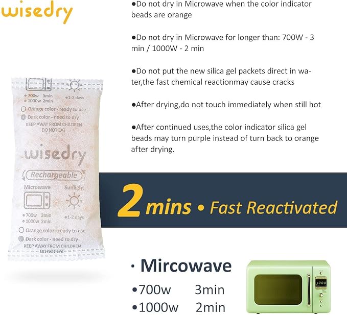 wisedry 50 Gram Rechargeable Silica Gel Desiccant Packets Fast Reactivate - Image 7