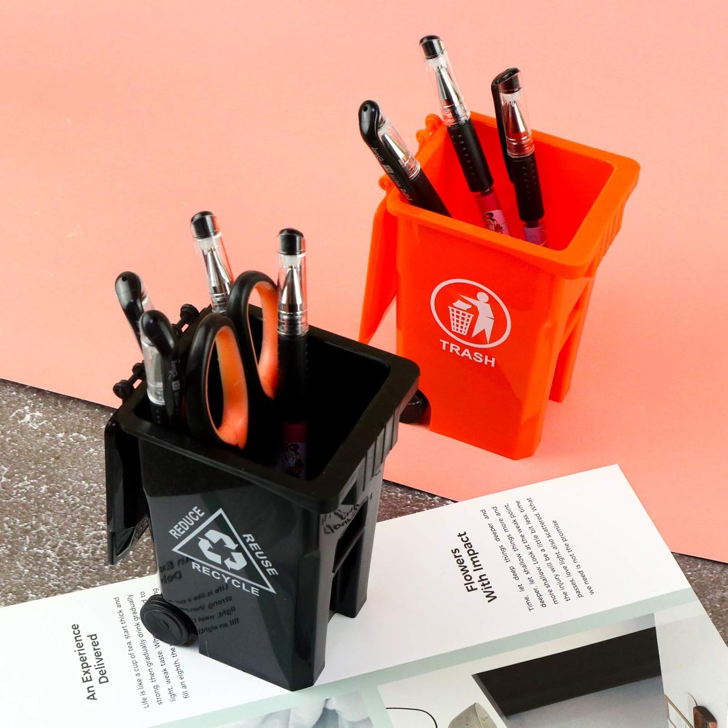Mini Trash Can Pencil Holder for Desks, Black/Orange