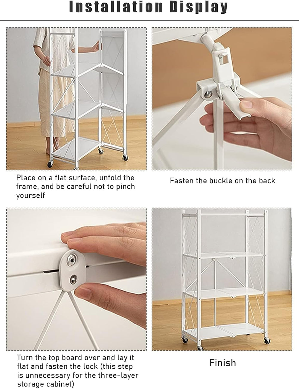 3-Tier Foldable Standing Shelf Units with Wheels, Industrial Style, Heavy Dut...