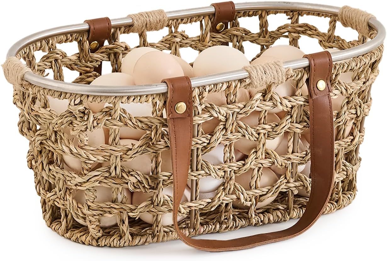 Farmhouse Seagrass Egg Baskets for Collecting Fresh Eggs Handmade Egg Collecting Basket Wicker Oval Storage Basket for Picnic, Harvest, Vegetable