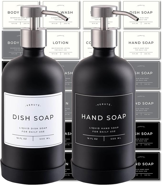 16oz Glass Soap Dispenser with Stainless Steel Pump, 21 Waterproof Labels by Verute