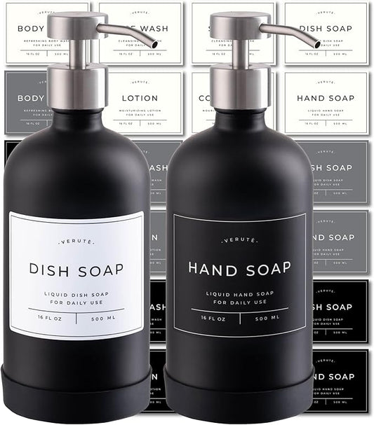 16oz Glass Soap Dispenser with Stainless Steel Pump, 21 Waterproof Labels by Verute