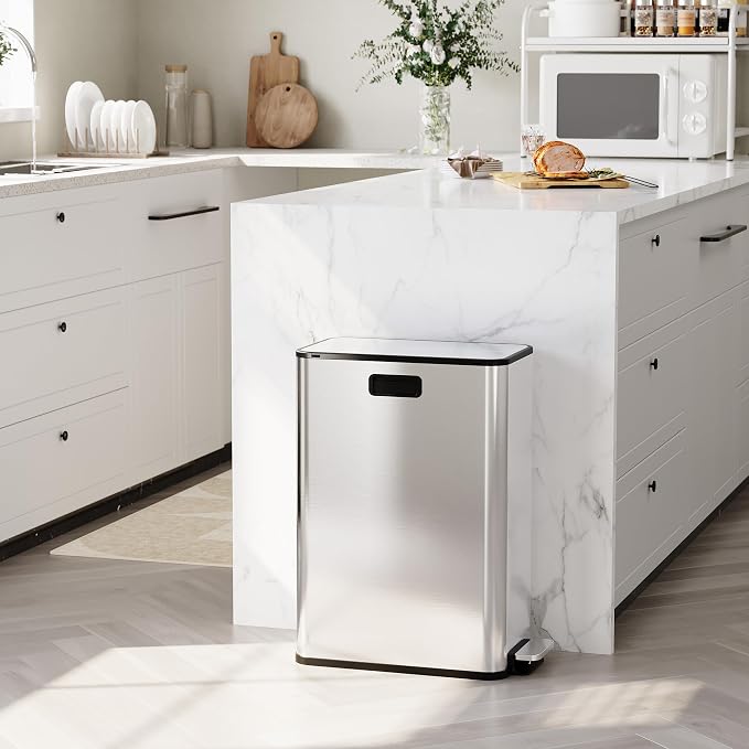 2 x 7.4 Gal Slim Trash Can, Stainless Steel Dual Compartment Step-On Recycling - Image 9