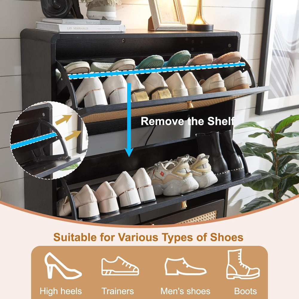 Rattan Shoe Cabinet with 2 Flip Drawers, 16 Pairs Narrow Shoe Storage Cabinet...