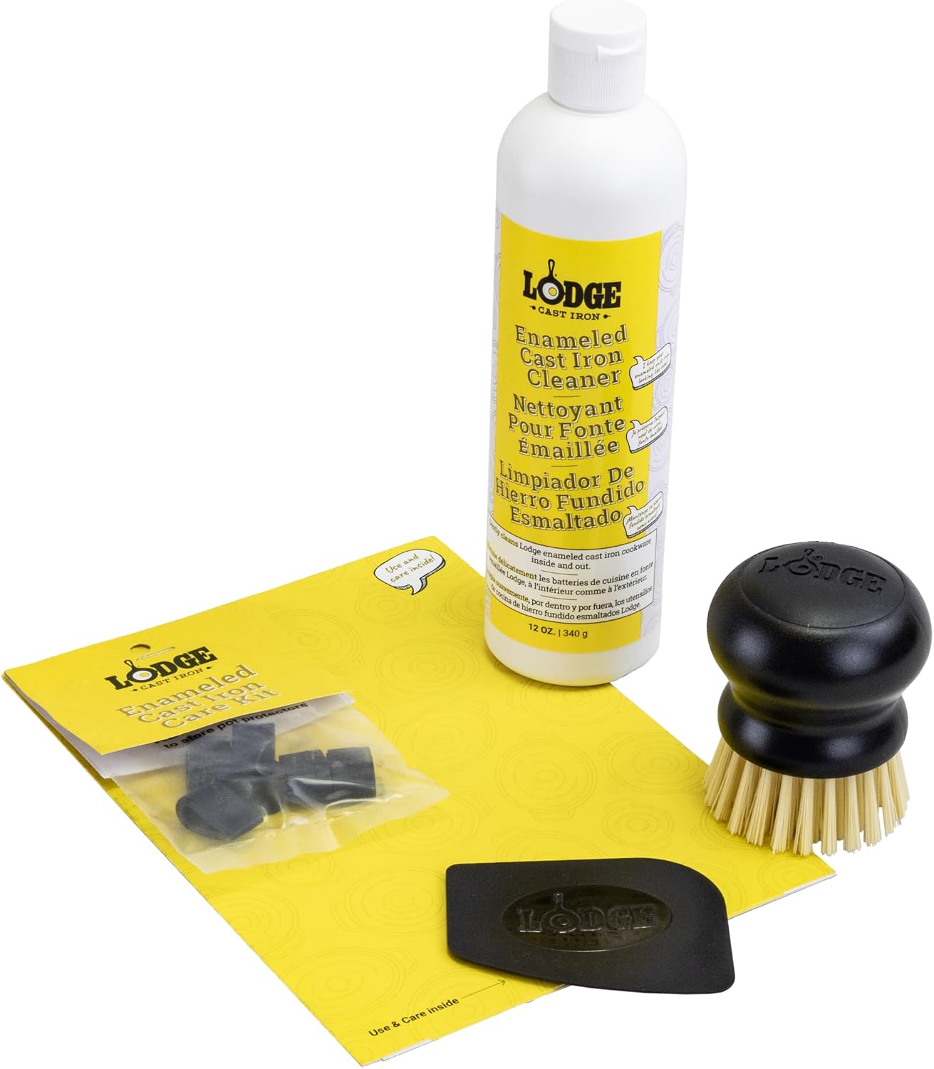 Lodge Enameled Cast Iron and Ceramic Stoneware Care Kit, 5 Piece | 100% Biodegradeable Formula for Enameled Cast Iron & Ceramic Stoneware, Dye and Bleach-Free, Non-Toxic Cleaner