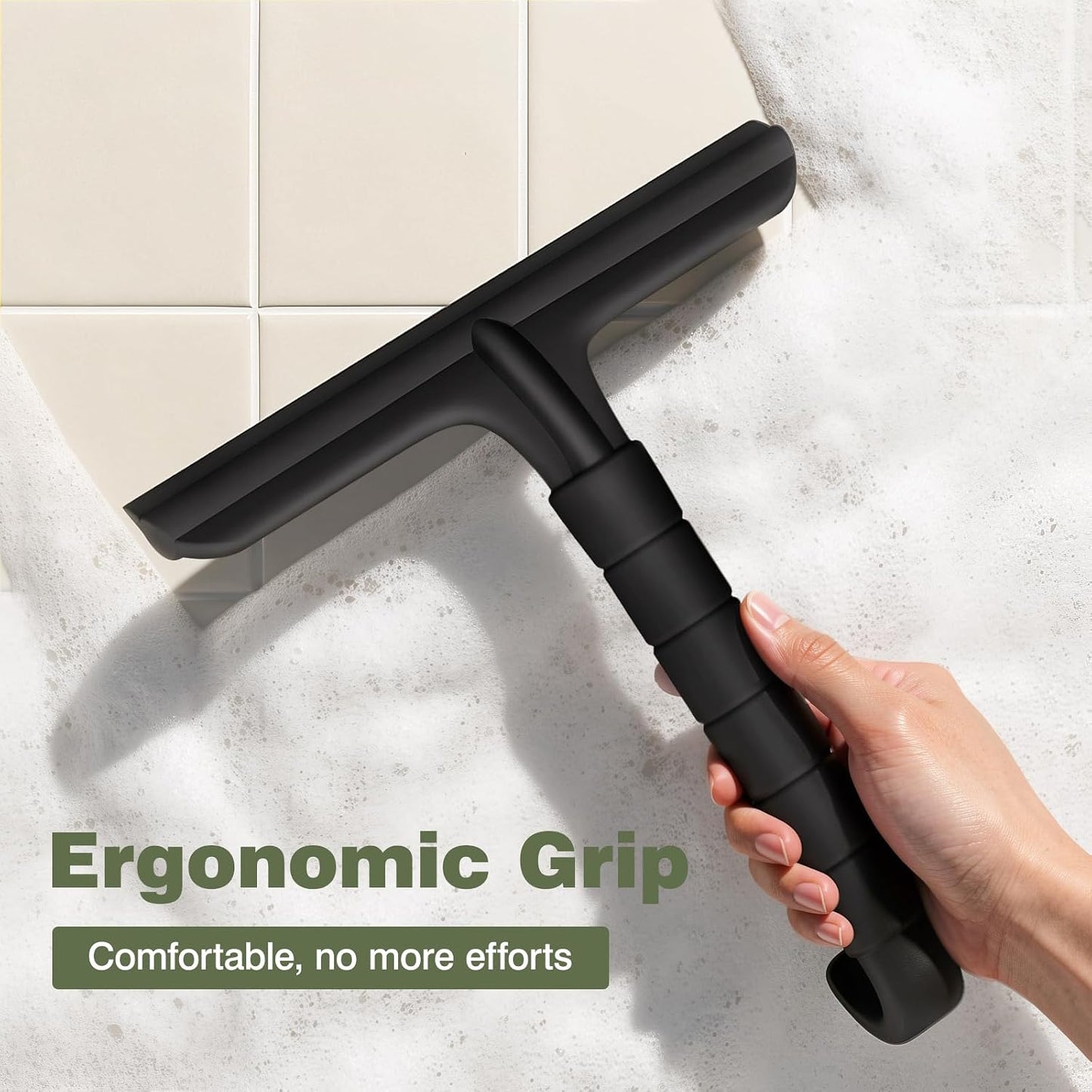 Roylvan Silicone Shower Squeegee for Glass Doors with Built-in Hook, Black | All-in-One Shower Squeegee with Ergonomic Grip, Household Window Mirror Cleaner for Bathroom Glass Kitchen Tile Wall Car