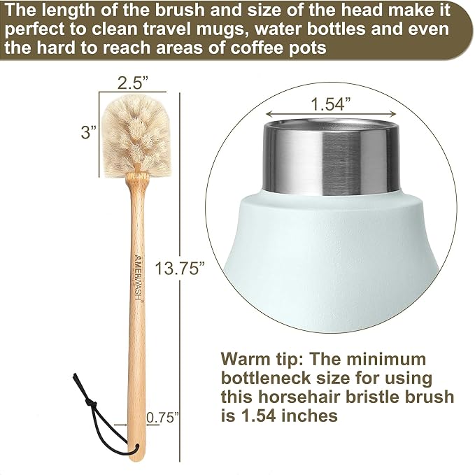Bottle Brush Cleaner with Horsehair Bristles, 13-3/4 Inch Long Wood Handle - Image 4