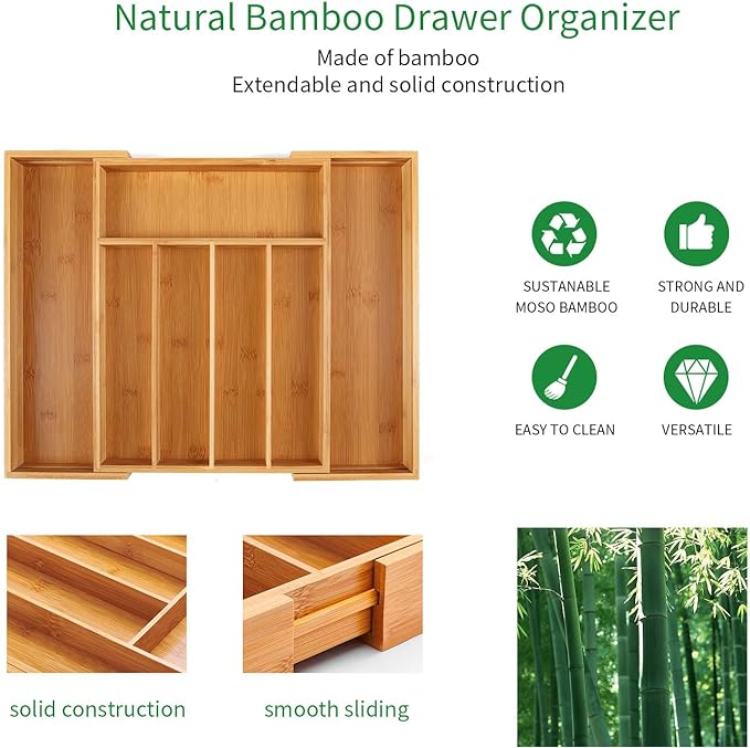 Utoplike Bamboo Cutlery Tray Silverware, Drawer Dividers - Image 5