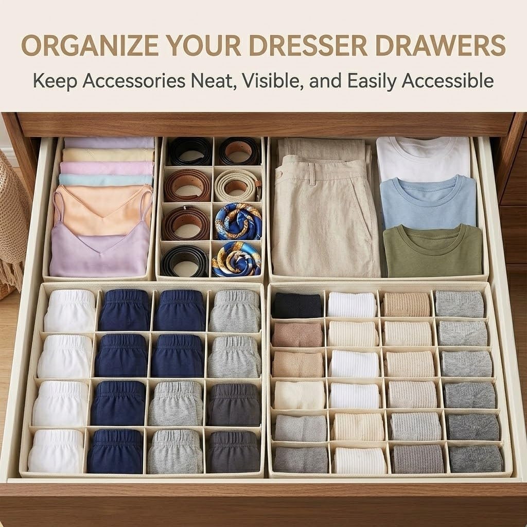 Lourome Underwear Drawer Organizer, 5-Pack, for Socks, Bras, Off-White | Fits Standard 13"+ Dressers, 55 Compartments, Storage Bins for Bedroom, Closet & Bathroom