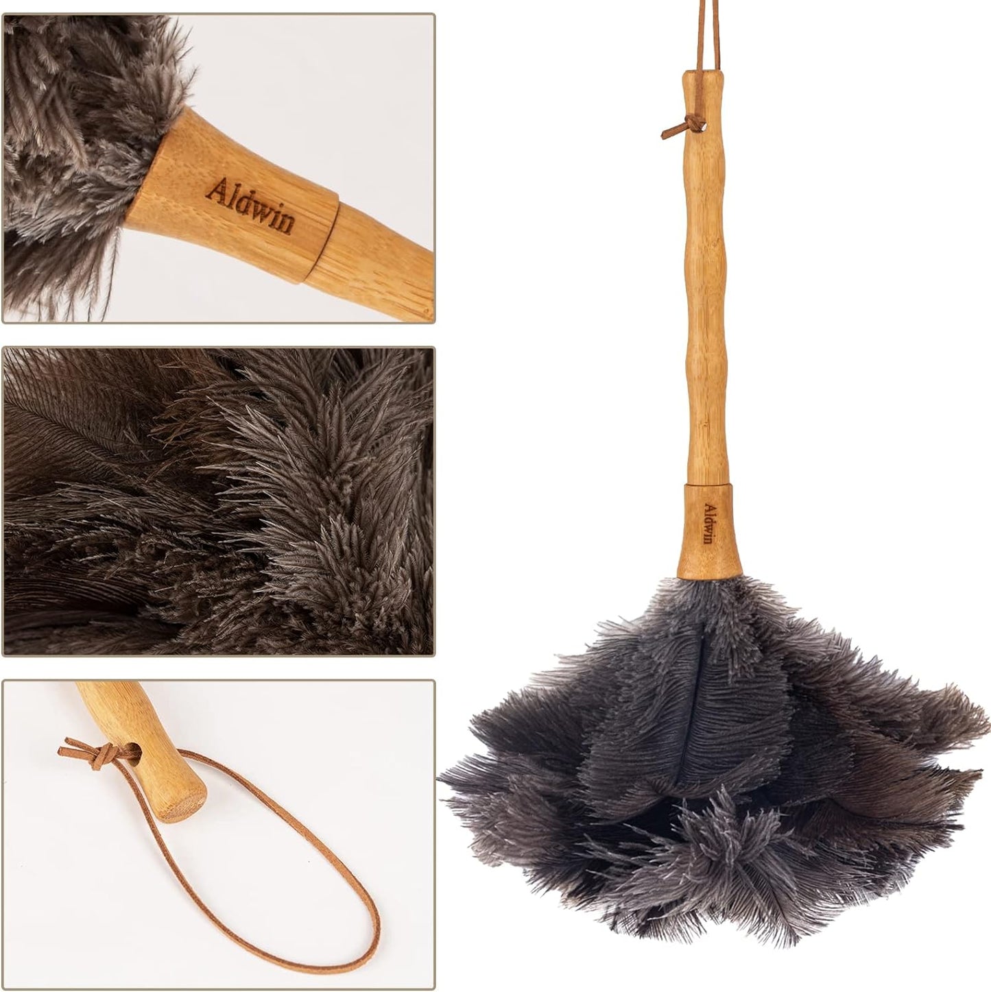 Aldwin Ostrich Feather Duster, 16 inch Ostrich Feather Duster with Wood Handle Reusable, Fluffy Natural Genuine Handheld Feather Duster for Cleaning Supplies, Home, Car, Office