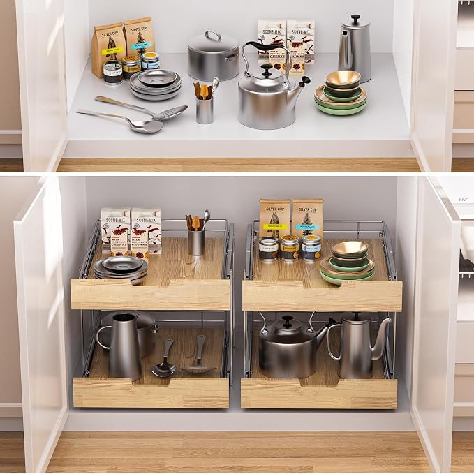 Pull Out Cabinet Organizer, Heavy-Duty Slide Out Shelf, Wood and Wire Basket - Image 6