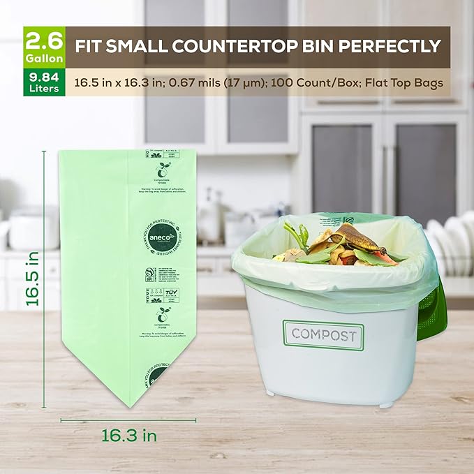 ANECO 100% Compostable Waste Bags 2.6 Gallon Extra Strong Kitchen Small Compost - Image 6