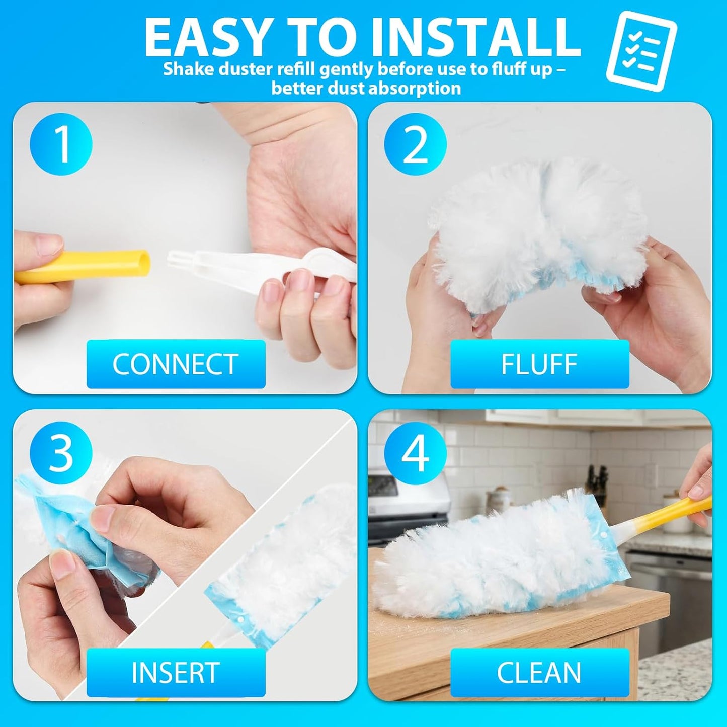 60 Count Duster Refill for Swiffer Duster with 1 Handle - 360° Multi-Surface Larger Size Feather Dusters, Disposable Duster Kit for Cleaning Home, Furniture, Blinds and Ceiling Fans