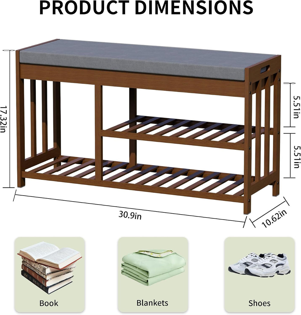 Shoe Rack Bench for Entryway, Bamboo Shoe Storage Bench with Cushion