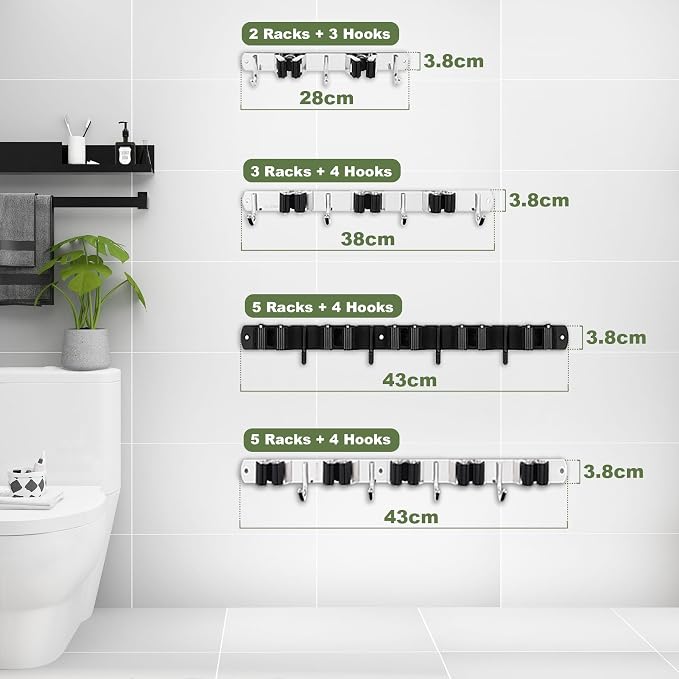 Black 5 Racks and 4 Hooks Mop and Broom Holder Wall Mount, Broom Organizer - Image 8