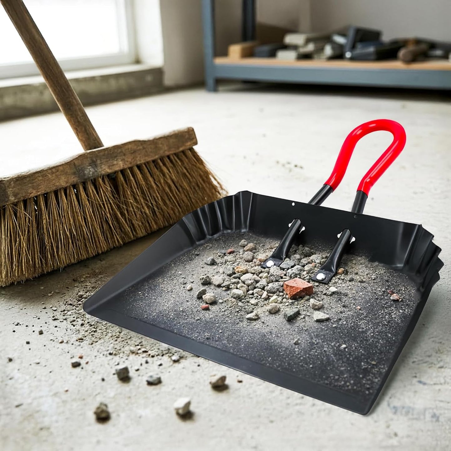 2PK 17” Heavy Duty Dustpan Metal Outdoor Dust Pans with Rubberized Non Slip Handle Extra Large Shovel Scooper for Commercial&Industrial Uses
