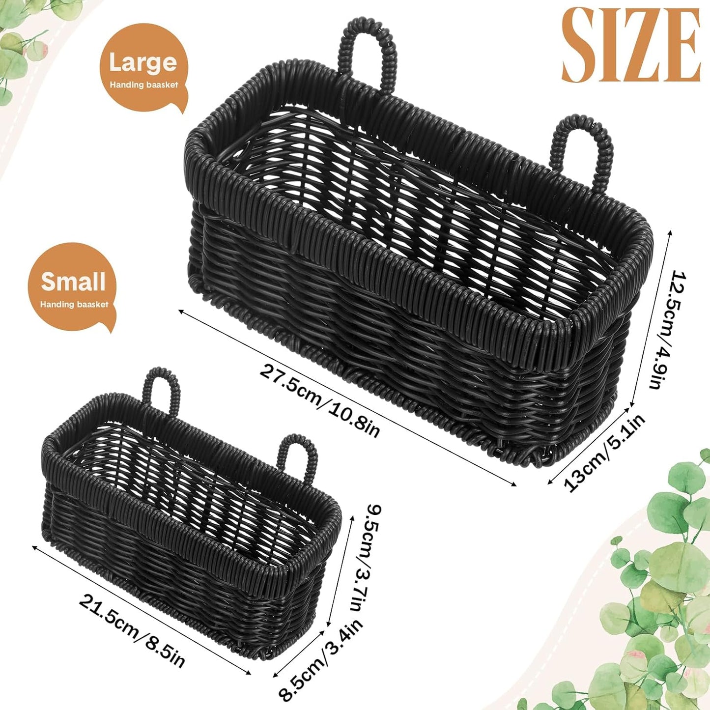 Tioncy 2 Pcs Woven Hanging Wall Baskets for Storage Boho Style Hanging Storage Plastic Woven Baskets with 4 Hooks for Kitchen Garden Living Room