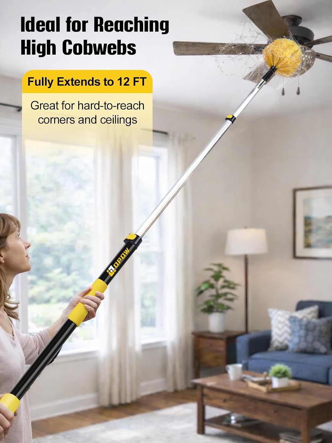 20ft High Reach Cobweb Duster with 5-12ft Extension Pole and 2 Brush Heads | Spider Web Brush with Aluminum Telescopic Pole,Webster Cobweb Duster with Universal Joint,Web Remove Tool for Indoor &Outdoor
