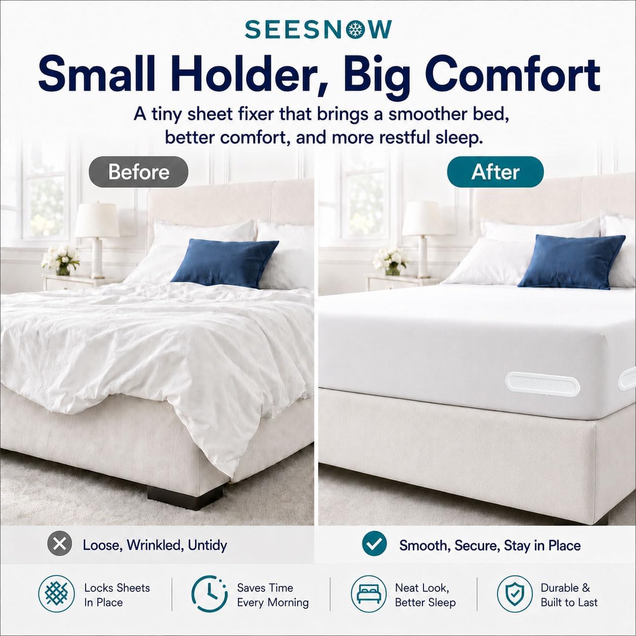 Lock Sheet Holders, Upgrade Bed Sheet Holders for Corners, Sheet Fasteners, Easy-Install Bed Replacement Parts, Fit Universal Mattress (4pcs, White)