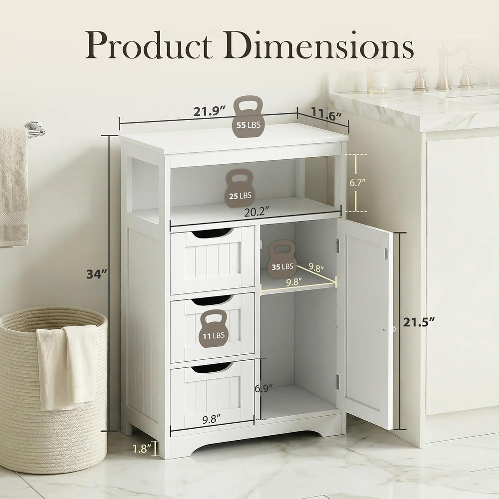 SUPER DEAL Wooden Bathroom Storage Cabinet with 3 Drawers and 1 Door, Free-St...