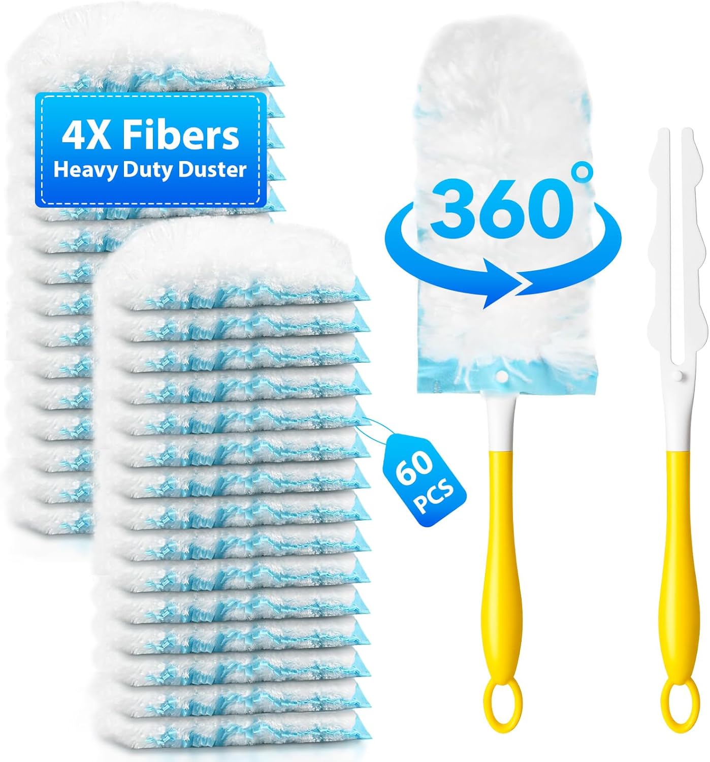 60 Count Duster Refill for Swiffer Duster with 1 Handle - 360° Multi-Surface Larger Size Feather Dusters, Disposable Duster Kit for Cleaning Home, Furniture, Blinds and Ceiling Fans