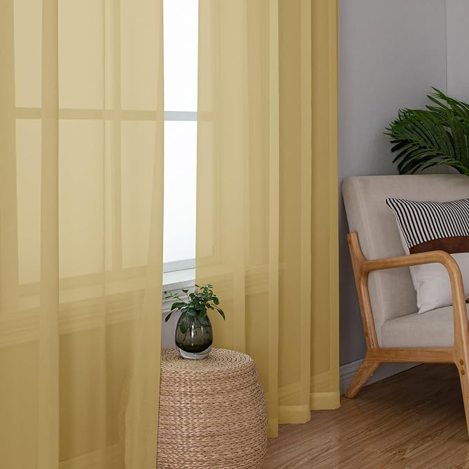 Chyhomenyc Gold Sheer Curtains 63 Inch Length 2 Panels, Rod Pocket Solid Window - Image 4