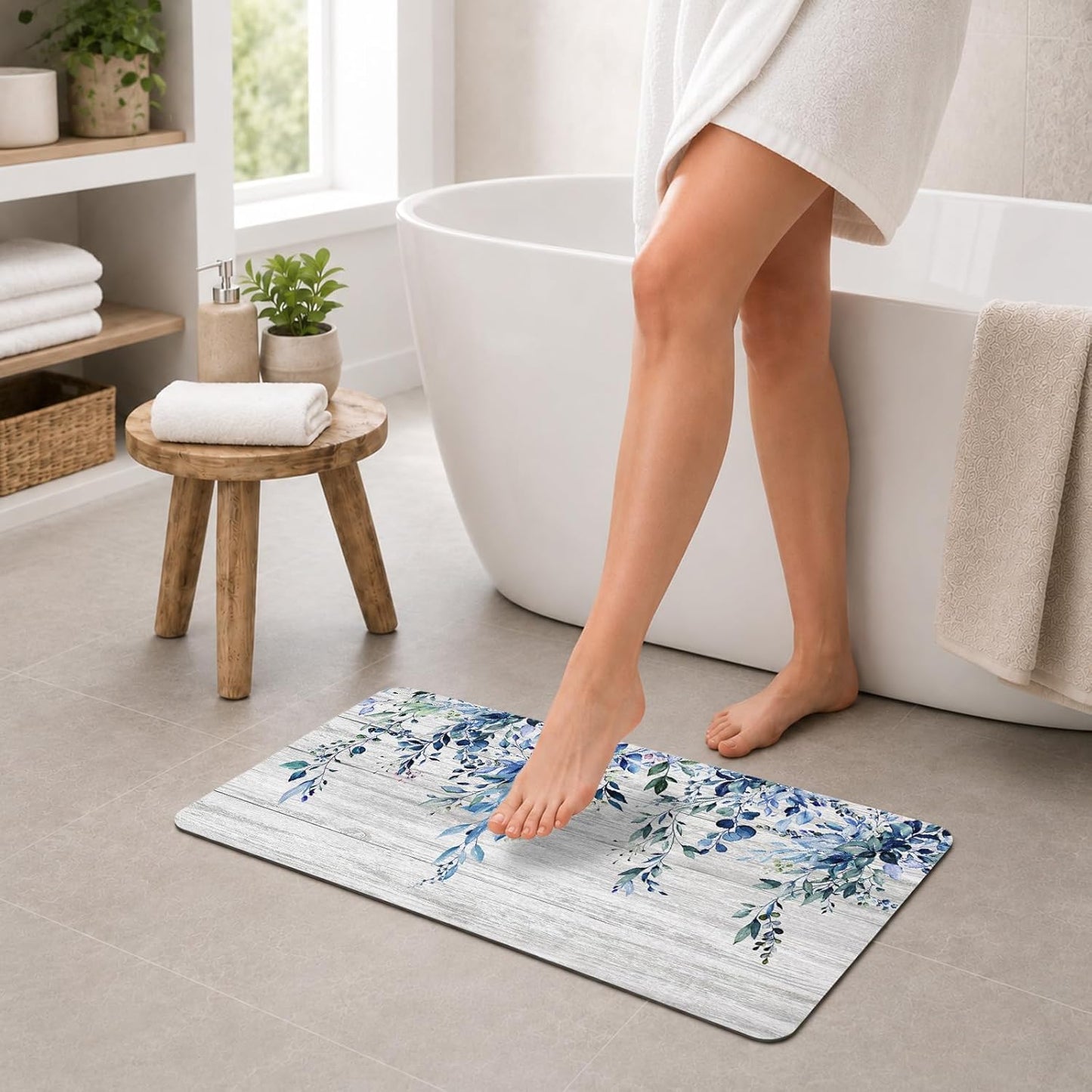 Blue Eucalyptus Long Bathroom Rugs Non Slip Super Absorbent Quick Dry Ultra Thin Diatomaceous Earth Bath Mat Watercolor Plant Leaves with Floral Diatomite Bath Mats for Bathroom 39''x16''