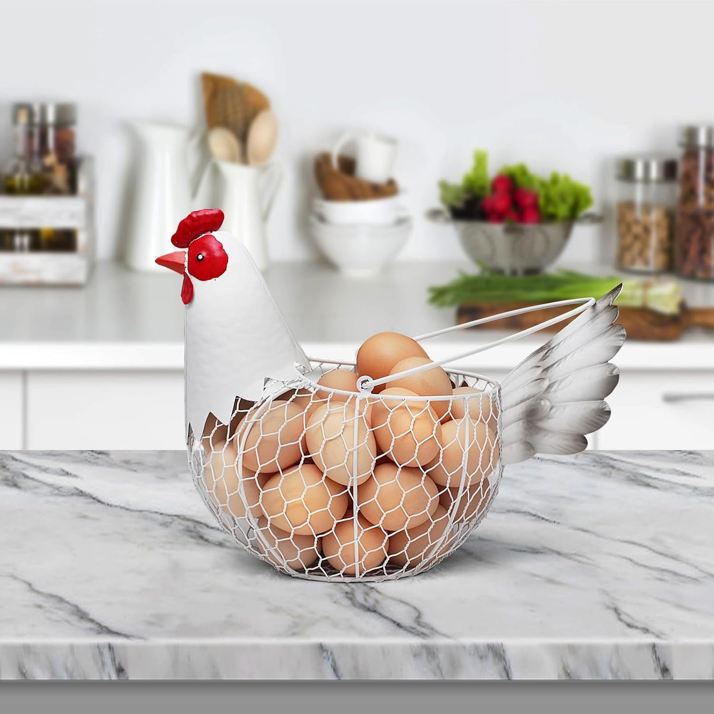 Farmhouse Metal Chicken Wire Egg Basket,Eggs Holder Bowl Kitchen Countertop | Vintage Rooster Decorative Chicken Shaped Fruit Basket for Living Room Home Farm Decor