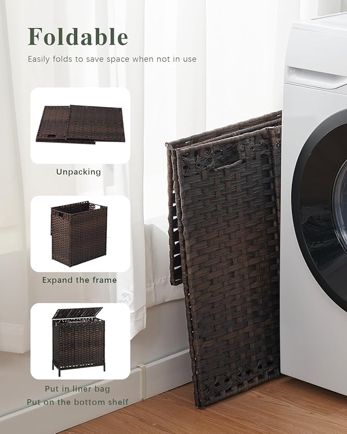 Laundry Hamper with Lid 132 L, Clothes Hamper with Lid, Handwoven Rattan - Image 7