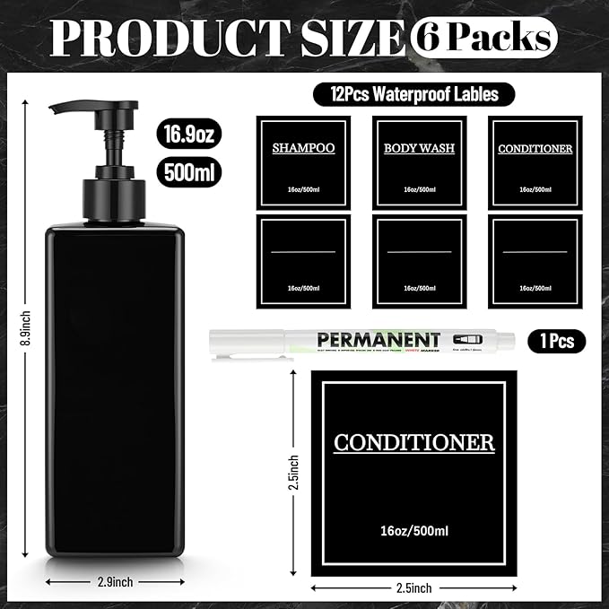 Tanlade 6 Pcs Shampoo and Conditioner Dispenser Bottles 16oz Modern Shower Soap - Image 2