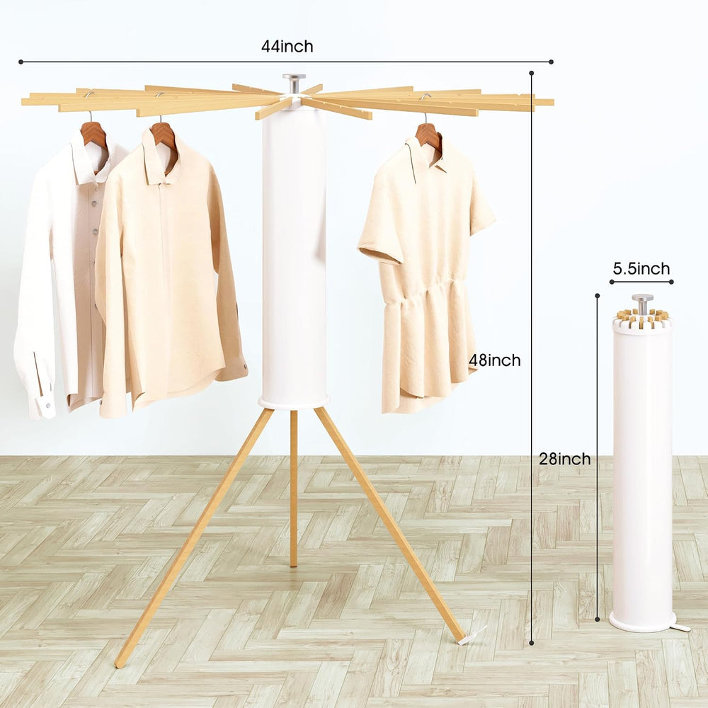 Heavy-Duty Wooden Tripod Clothes Drying Rack, 16 Rods, Large Capacity, 360° A...