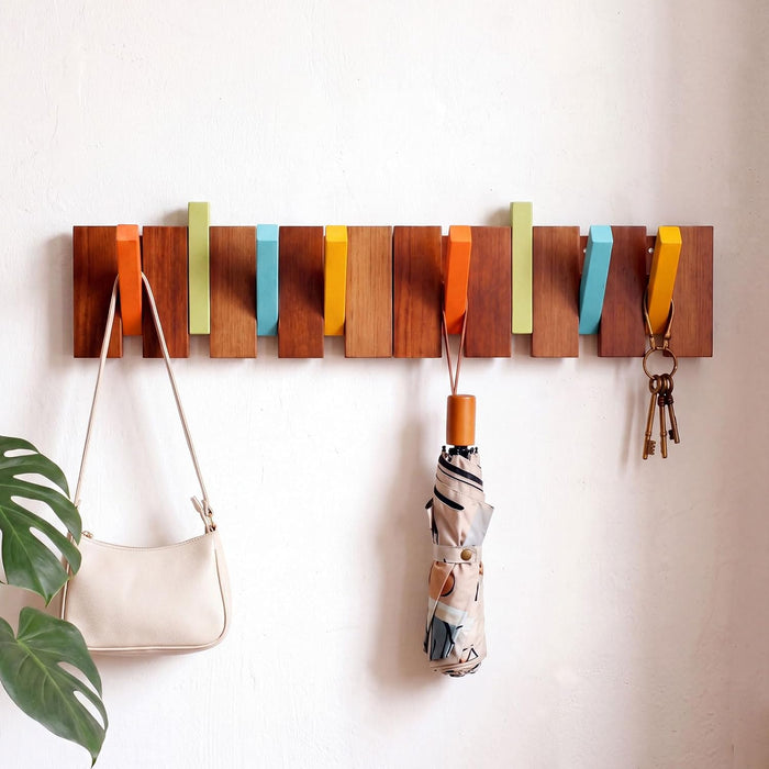 Youyole 2 Pcs 4 Hook Wooden Coat Hooks Wall Mounted Mid Century Modern Folding Coat Rack Hanger Heavy Duty Flip Down Piano Hat Rack for Hanging Coats Keys Hats Robe Towels Home