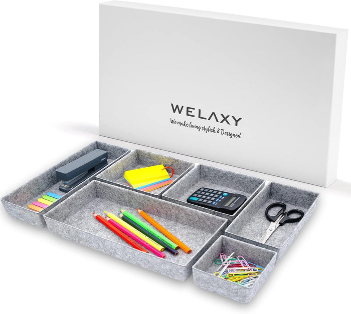 Welaxy Deluxe drawer organizers multi-purpose storage box junk bins for office home bathroom nightstand holder quiet luxury gift idea 6-piece Style A (Gray)