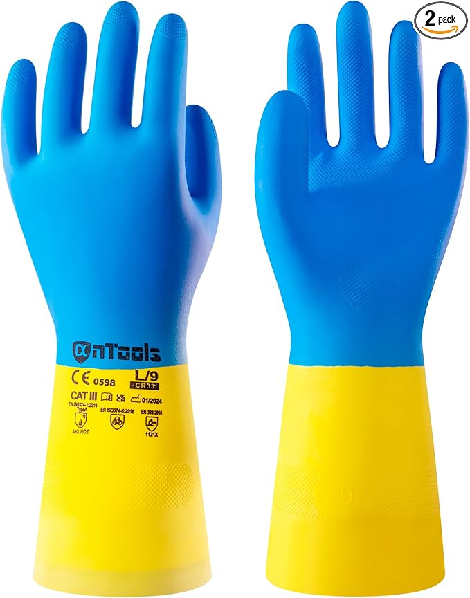 2 Pairs Neoprene and Rubber Blend Heavy-Duty Chemical Gloves, Protective by anTools