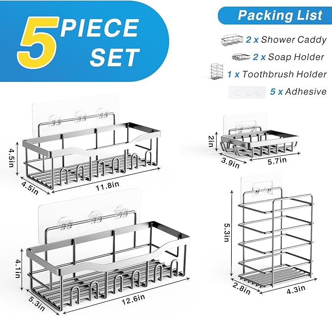 EUDELE 5-Pack Rustproof Stainless Steel Shower Caddy – No Drill Adhesive - Image 7