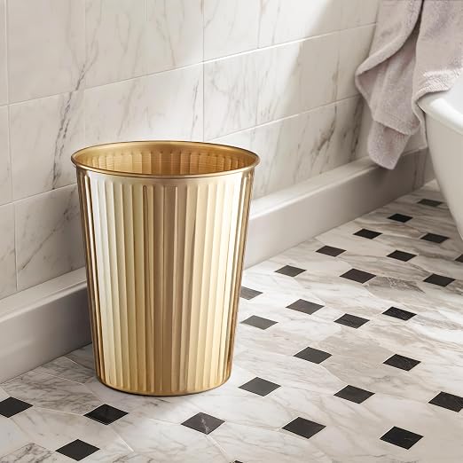 Monarch Abode Brushed Gold Handcrafted Ridge Embossed Metal Wastebasket - Image 4
