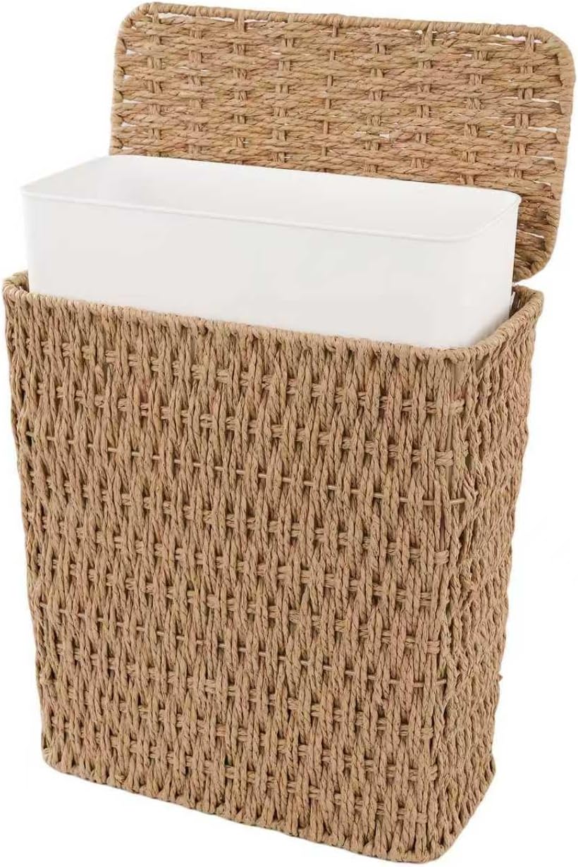 Coeusy 3 Gallon Paper Rope Bathroom Trash Can,Small Wicker Trash Cans with Lid and Liner,Woven Rattan Narrow Waste Basket for Bedroom,Office,Natural