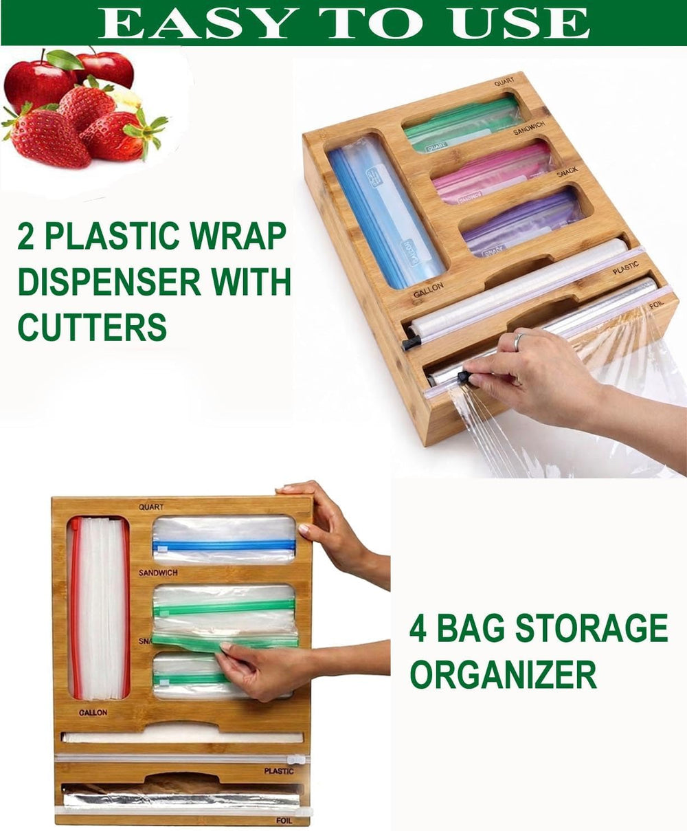 Bag Storage Organizer for Kitchen Drawer and Plastic Wrap Dispenser with Cutt...