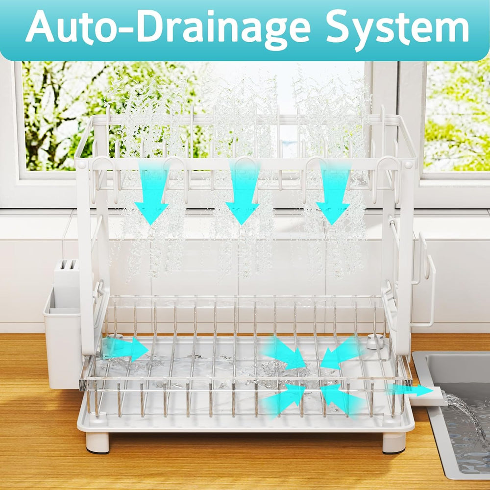 2-Tier Dish Drying Rack for Kitchen Counter, Space-Saving, White