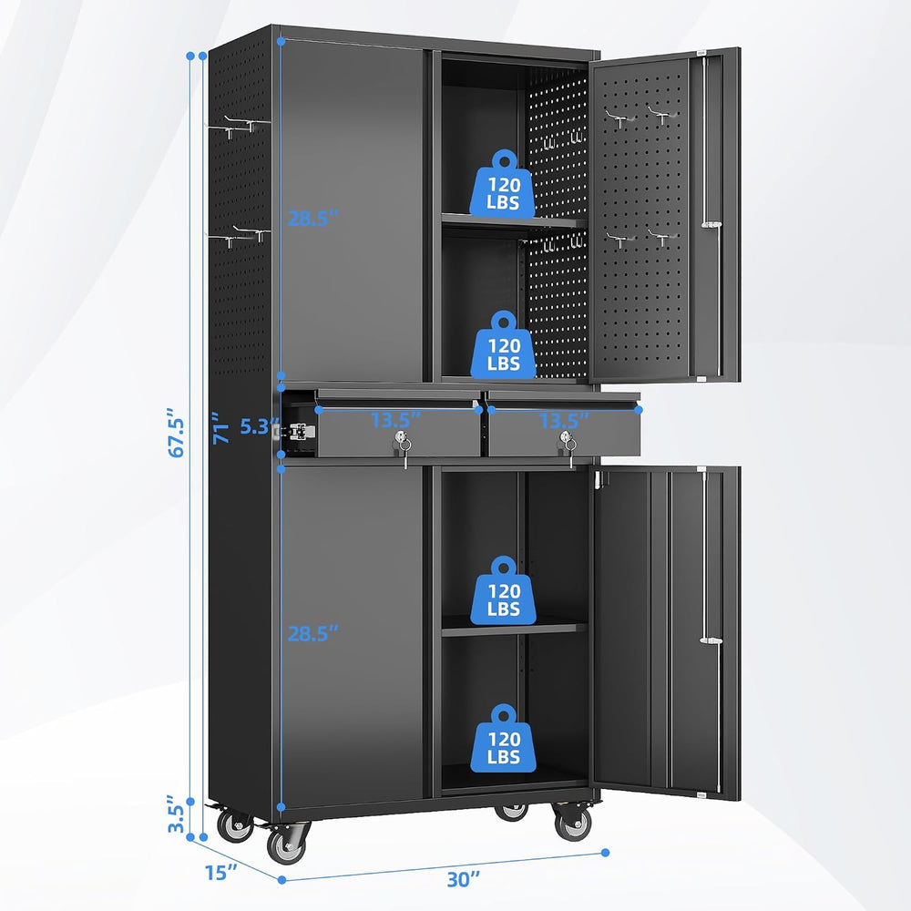 71-Inch Garage Storage Cabinet with 2 Drawers, Pegboard and Wheels