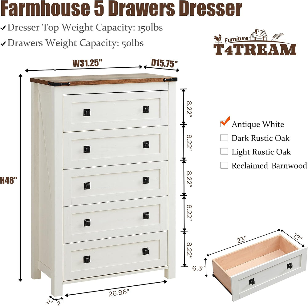 T4TREAM 48" Tall Farmhouse 5-Drawer Dresser for Bedroom, Antique White